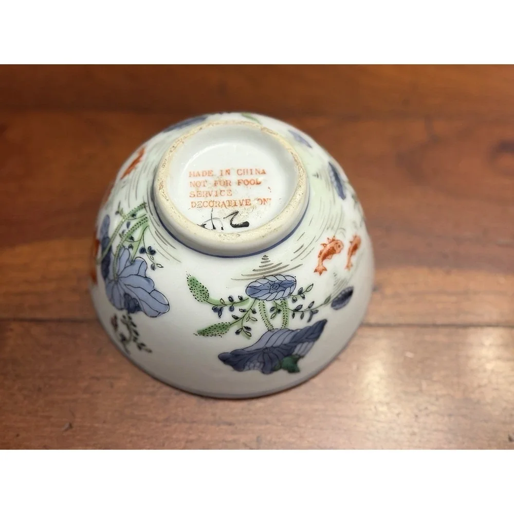Vintage Chinese Macau Style Porcelian Bowl Koi Fish & Lotus Pond Hand Decorated